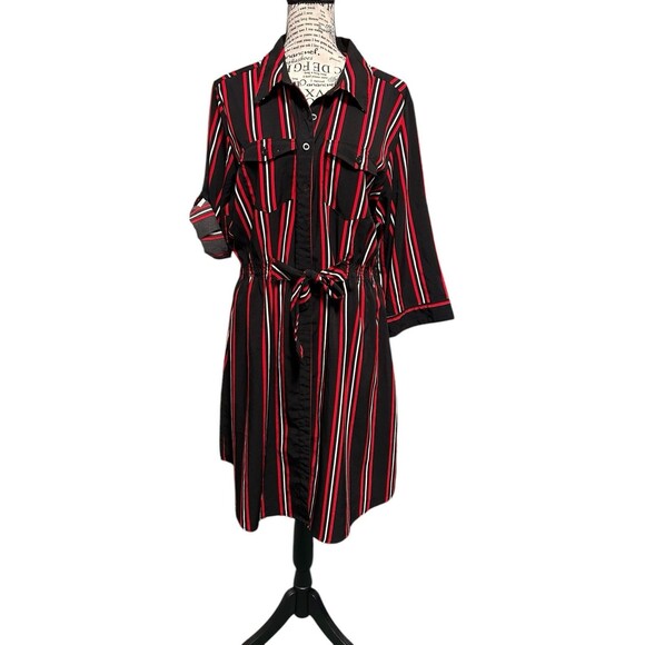 Millenium Dress Women XL Collared Button Up Roll Tab Sleeve BLK/red/white Career - Picture 1 of 5